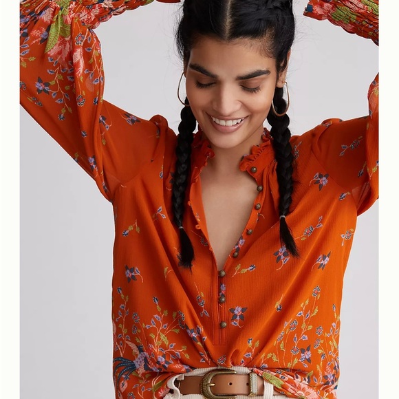 Anthropologie Womens Floral Boho Chiffon Button Front Puffed Sleeve Blouse - Picture 16 of 16